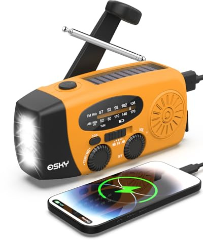 Esky Uppskruvbar solradio, bärbar AM/FM-radio med 2 000 mAh uppladdningsbar powerbank, USB-laddare, 3 LED-ficklampor, SOS-larm för strömavbrott/camping/vandring (orange)