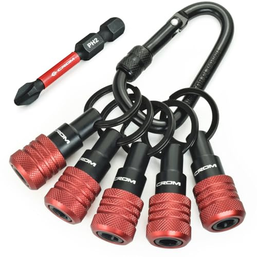 CROM 5-Piece Bit Holder Keychain –1/4-Inch Hex Shank Organizer Set with Locking Carabiner, Everyday Carry Accessory, Includes 2-Inch #2 Phillips Bit (Black)
