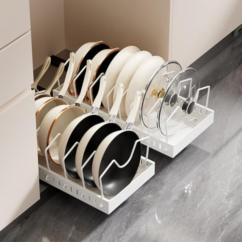 Étagère de cuisine coulissante réglable pour casseroles, poêles et couvercles, organiseur de rangement de vaisselle en acier au carbone, 21 x 42 x 3,5 cm, noir/blanc (B blanc)