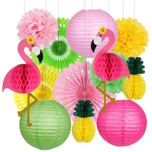 Decoración Hawaiana Cumpleaños, 13 Piezas Hawaiana Tropical Fiesta Decoración, Centros de Mesa con Abanicos Papel, Panales Flamencos, Farolillos, Panales Piña, para Cumpleaños y Bodas