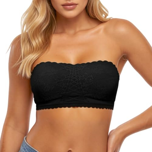 KUOIASY Lace Strapless Bras for Women, Soft Wireless Bandeau Strapless Bras Comfortable Seamless Padded Bralette Bandeau Top with Built in Bra