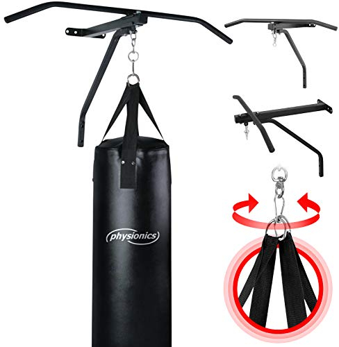 Physionics® Klimmzugstange, Boxsack und Wandhalterung im Set- Punchingsack: (ØxH) 28x83cm, 19kg, Gewebegurtbänder, Drehwirbel, Reckstange: (B) 82 cm aus Stahl, Max. Belastbar 120kg - Pull Up Bar Set