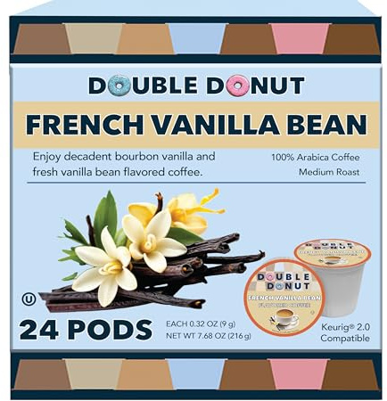 Double Donut Coffee French Vanilla Coffee Pods, Vanilla Bean Flavored in Recyclable Single Serve Vanilla Pods for the Keurig K Cups Coffee Makers, Medium Roast, from Double Donut - 24 Count