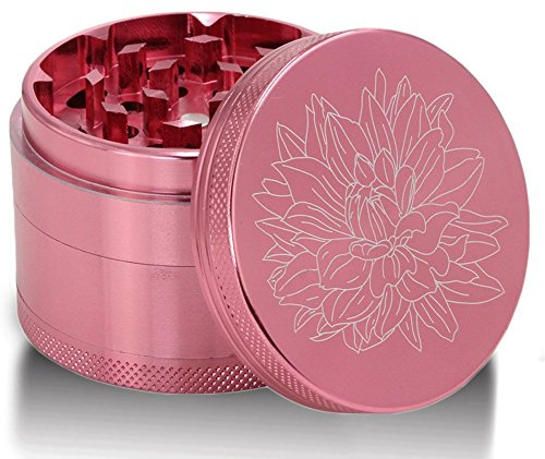 DCOU Premium Aluminium Herb Grinder 2.2 Inches 4 Piece Metal Grinder with Pollen Catcher with Laser Flower Pattern (Pink)