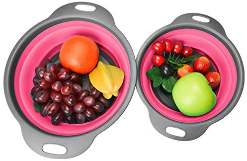 2 Pcs Passoire de Cuisine Pliable, passoire Pliable en Silicone, Passoire Pliante en Silicone Filtre Rétractable, pour Fruits Légumes, idéal pour Les pâtes, Les légumes, Les Fruits. (Rose vif)