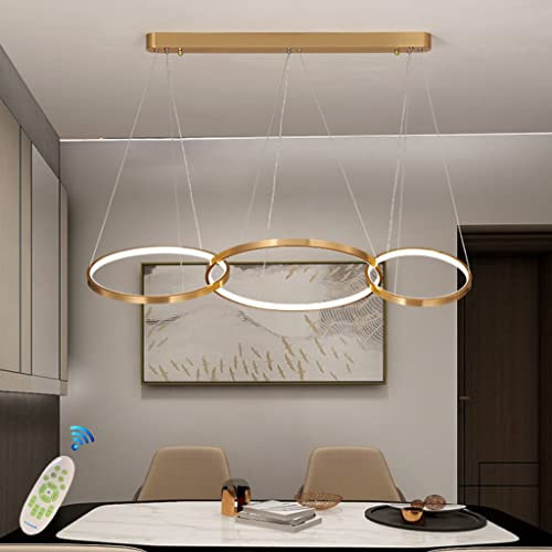 JINWELL LED Pendelleuchte Moderne Esstisch Kronleuchter Höhenverstellbar Hängeleuchte Wohnzimmerlampe Dimmbar Mit Fernbedienung Aluminium Ringe Pendellampe Cafe Restaurant Deckenleuchte,3 rings 75W