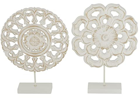WHW Whole House Worlds Moderne Mandalas, 2er-Set, handgefertigt, geschnitztes Holz, weiße Flüsterpatina über Holz, montiert, rechteckiger Galerieboden, 26 cm