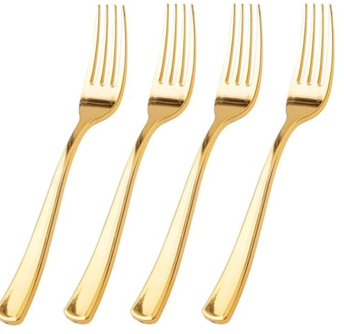 WDF 100 Pcs Gold Plastic Forks - Heavy Duty Sturdy&Durable Forks Disposable 7.4inch - Elegant Gold Forks for Dessert, Durable Plastic Cutlery for Wedding or Daily Using Baby Shower Spring
