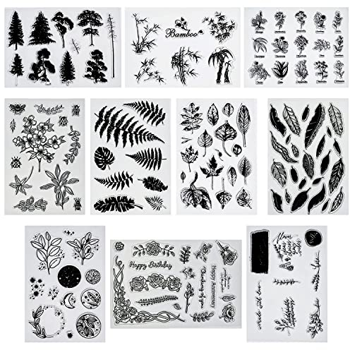 NA Yayatty 10 Blätter Silikonstempel Clear Stamp Pflanze Clear Stempel Silikon, Vintage Silikon Stempelset Pflanzen Feder Clear Stamps für DIY Journal Scrapbooking