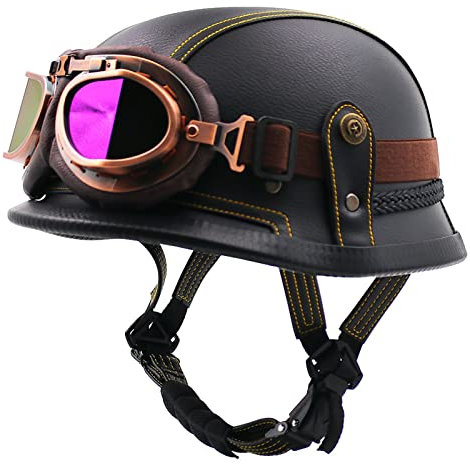 HZIH Portatile Mezzi Caschi Jet retrò Casco Scodella Moto Casco con Occhiali,Classic Jet Aperto Caschi,Scooter Caschi Scodella Motorino Mezzo Casco DOT/ECE Certificazione D,M=57-58cm