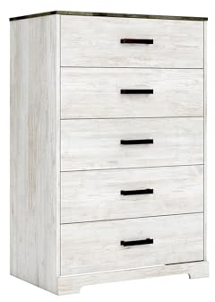 Signature Design by Ashley Shawburn Rustic 5 Drawer Chest of Smooth-Gliding Drawers and Safety Stop, White & Gray