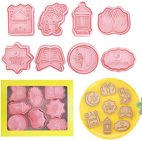 Ramadan Ausstechformen Eid Mubarak Dekoration,8 Stück Muslimischen Cooki Cutter, 3D Eid Mubarak Keksausstecher Set, DIY Kuchen Back Werkzeuge Fondant Kuchen Form Party Decor