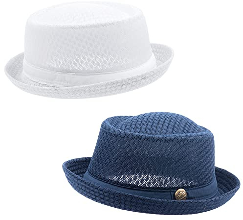 ZffXH Sommar fläsk pie-hatt, 2 st plommonhattar porkpie hattar för män cool svalkande strand fest keps båtliv porkpie bryta dålig hatt kostym sugrör, Vit + blå, L