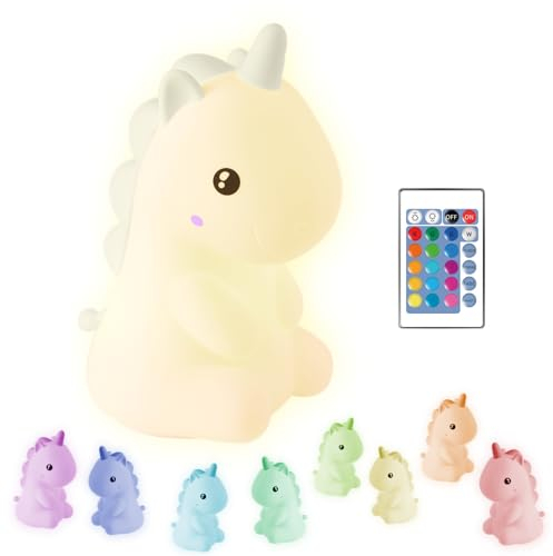 Madrigal Lampada Unicorno - Luce Notturna Bambini - Cameretta - Ricaricabile USB-C con Telecomando - Multicolore e Luce Calda - Soffice Silcone - Timer luci Arcobaleno