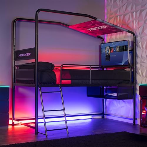 X-Rocker Contra Mid Sleeper Bed, TV Gaming Bed with Storage, 4-Way Build Black Metal Bed Frame with Multi-Placement Ladder. 32 TV Mount for Boys and for Girls with 90x190cm Mattress Included - BLACK