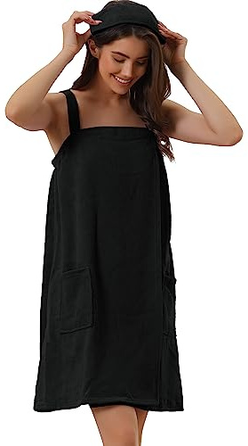 cheibear Damen Bademantel Kleid Frottee Saunakilt Saunatuch mit Tasche und Klettverschluss Spa Dusche Handtuch Bademantel Schwarz M