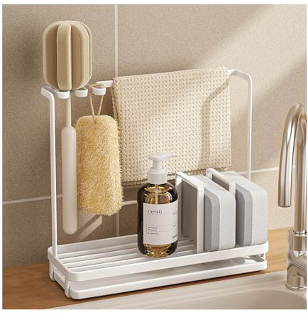 HYPIQQ Sink Caddy Kitchen Sink Organizer Kitchen Sink Tidy Organiser For Dish Cloths, Sponges, Brushes (Fits All Sinks),White