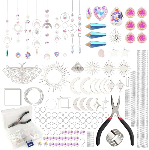 nuyikaso 200 Stück Sonnenfänger Kristall Bastelset Erwachsene DIY Windspiel Basteln Regenbogen Sonnen Mond Anhänger Kristalle Lichtfänger Ornament für Fenster Garten Weihnachten Tag Hochzeit Silber