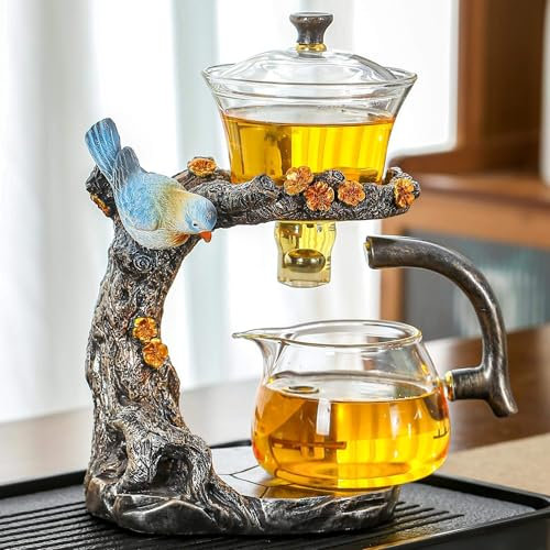 Glass Kungfu Teapot Set Tea maker with Infuser Semi Automatic Tea Set (Blue bird)