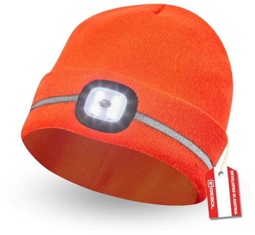 Gebol LED-mössa orange | Pannlampa på stickad mössa | beanie med reflektionsremsor | USB-port för laddning | 60 minuters ljustid | 4 ljusnivåer | unisex | orange | 1 styck