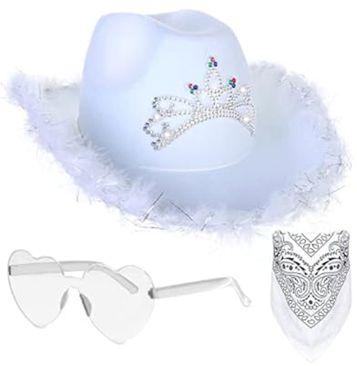 Cowboy Hut Pink Damen Herren Karneval Kostüm Kopfbeckung Faschingskostüme Filzhut, Flauschige Federkrempe Cowboyhüte mit Strass, Mütze für Herren Damen Halloween Karneval Cosplay Kostümparty