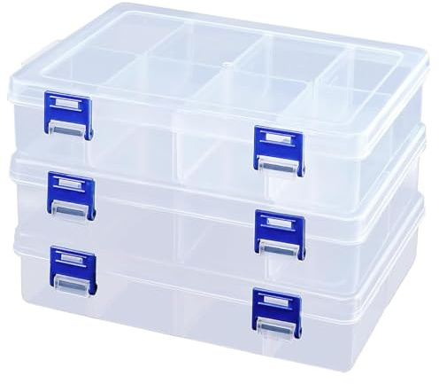 Fahibin Aufbewahrungsbox aus Kunststoff mit 8 Fächern, 3 Stück, transparent, Aufbewahrungsbox aus Kunststoff, verstellbar
