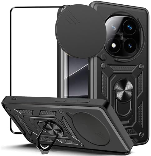 Funda para Xiaomi Redmi Note 14 Pro Plus 5G con Protección de Cámara Cubierta + Protector de Pantalla, Antigolpes Grado Militar [Anti-arañazos] Protectora Carcasa Funda con Soporte de Anillo, Negro