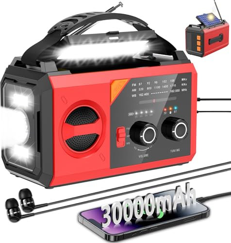 27000 mAh Radio di Emergenza con Manovella，Energia Solare, Batteria e Alimentazione USB, Radio Portatile AM/FM con Bluetooth/Jack per Cuffie/Luce di Lettura/Torcia/Bussola/Allarme SOS