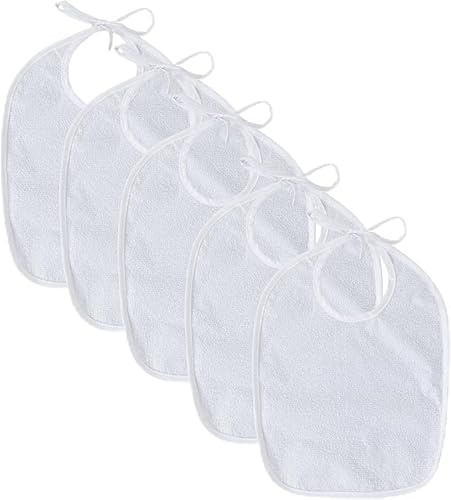 Alki Textile Pack 5 Unidades – Babero Rizo Impermeable – Baberos Bebe Guarderia Blancos con Cierre Ajustable Baberos de Tela para Guarderia Suaves Absorbentes Lavables Recién Nacido Niño Niña