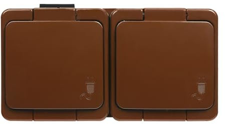 IP44 Aufputz Steckdose Schuko 1-fach, 2-fach, 3-fach, Ein/Ausschalter Serienschalter Wechselschalter Taster Kreuzschalter Feuchtraum Braun (Steckdose 2-fach)