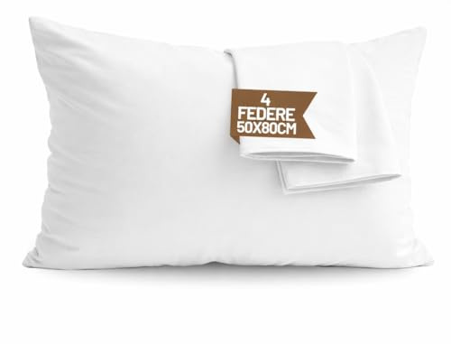 SONIT - Set 4 Federe Bianco Cuscino Letto 50x80 cm 100% Cotone con Chiusura a Busta, Morbidi e Traspiranti, Letto Matrimoniale, Fodere Guanciale Lavabili Biancheria Letto, Made in Italy