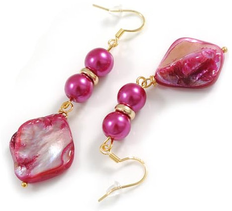 Pendientes colgantes de cuentas acrílicas fucsia y concha marina irregular con detalles dorados y ganchos de plata de ley 925, caída de 60 mm, talla única, concha marina, plástico, Sin piedra preciosa