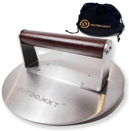 OUTDO.MXT Stainless Steel 8.5 Smash Burger Press, Heavy Duty 2.5lb Burger Smasher with Wooden Handle and Velvet Fabric Storage Bag for Griddle,Grill Press for Hamburger, Bacon,Barbecue Grilling Tool