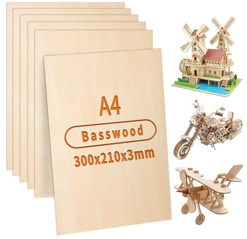 ddckj 300x210mm Basswood Sheets 3mm Plywood Sheets 6Pcs A4 Thin Wood Sheets for Crafts DIY Model Making Engraving Painting Laser Projects Wood Burning