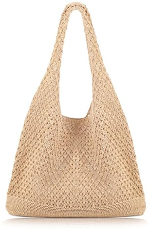 AOWVUTS Borsa da Spiaggia Borsa Mare All'Uncinetto Donna Borsa a Tracolla a Maglia Estiva Boho Tote Bag in Rete Handbag Pieghevole per Vacanze, Viaggio, Shopping e Uso Quotidiano (Kaki)