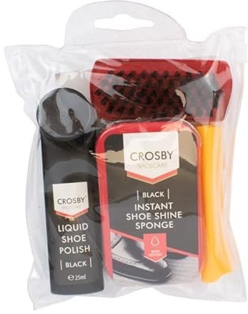 Black Shoe Polish Cleaning Set 4 Piece – Instant Shine Sponge, Liquid Shoe Polish, Brush & Cloth – Leather Shoe Cleaner Kit for Black Work Shoes, School Shoes, Boots – Shoe Care Kit for Men & Women