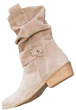 Generisch Botines para mujer con tacón, medias botas para mujer, elegantes botas de invierno de media altura con caña fruncida, botas occidentales, antideslizantes, botas de ante para mujer, botas de
