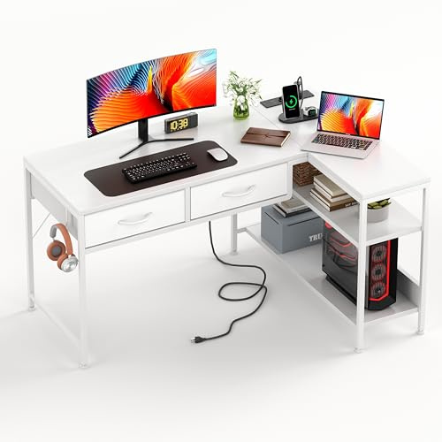 CAIYUN Escritorio en Forma de L con enchufes, 100 x 60 cm, Mesa Reversible para Juegos Pequeño Escritorio para Ordenador con 2 cajones, Escritorio esquinero para la Oficina y el Home Office, Blanco