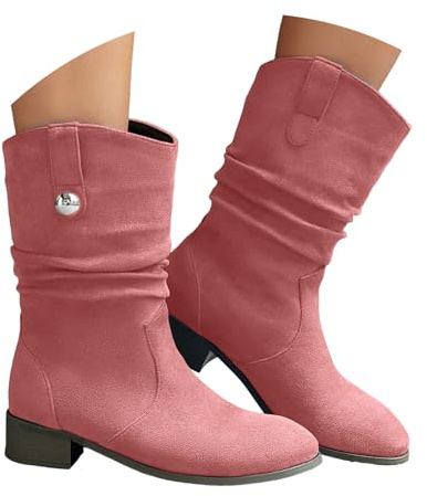 Stövlar dam Mid calf stövlar damstövlar av mocka med medelvad, fashionabla och lediga, orange, tjock klack, spetsiga tåparti, låg klack, medelhöga stövlar gummistövlar 1119, ROSA, 40.5 EU