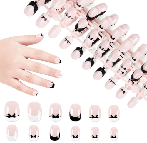 SIUSIO 120pcs 5 Pack Children Acrylic Fake Nails Press on Full Cover Nude Color Black White French Tips Short False Nail Art Kits Set Christmas Gift for Kids Little Girls Women - Simple Bow