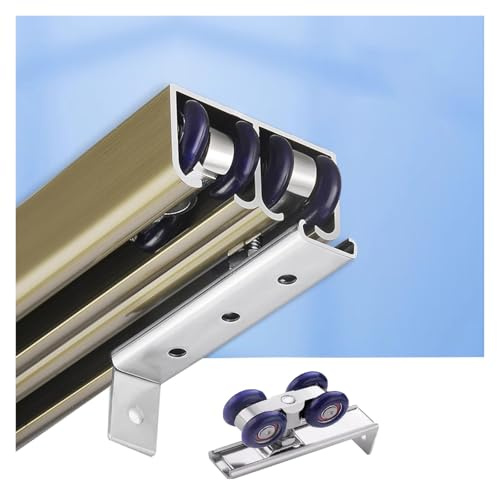 Kit de herrajes para puerta corredera doble de 3, 4, 5, 6, 7, 8, 9 y 10 pies con doble bypass y doble hoja, herrajes para puertas correderas empotradas(Champagne,3ft/91cm)