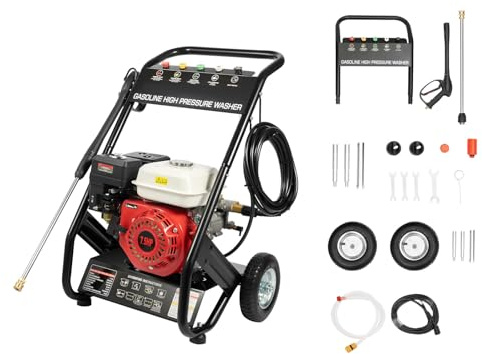 EGBNSY Lanza Hidrolimpiadora, 7 CV Hidrolimpiadora De Alta Presion, Hidrolimpiadora Gasolina con 5 Boquillas y Manguera 8m, Limpiadora a Presion para Patio y Coche