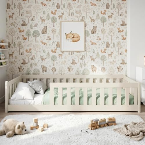 Kids Collective Kinderbett Bodenbett 90x190 cm mit Rausfallschutz & Lattenrost Montessori Bett Bed Gitterbett Kinder Jugendbett Einzelbett | Baumwolle