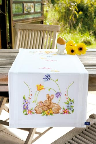 Vervaco Stickpackung Kreuzstich Set Vorgedruckt Tischläufer Kaninchen Stickdecken Vorgezeichnet DIY Basteln Erwachsene Kreativ Stickläufer zum Selbersticken 40 x 100 cm Stickset