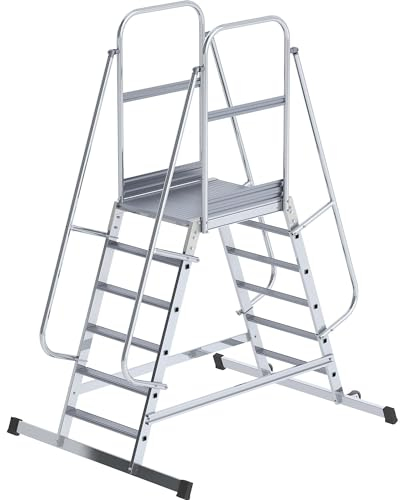 eurokraft | Alu-Podestleiter | beidseitig begehbar | fahrbar | 2 x 6 Stufen