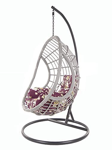 KIDEO® PALMANOVA großer Hängesessel inklusive Gestell und Kissen, Polyrattan, grau (Kissen: Nest lila geblümt [3905 vino Tinto])