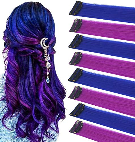 LVSHANGMAO 8 Stück farbige Haarverlängerungen, mehrfarbige Party-Highlights Clip in synthetische Haarverlängerungen 21 Zoll (Blau Lila)