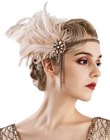 SWEETV 1920s Headpiece Flapper Headband, Rhinestone Pearl Feather Hair Band Great Gatsby Headpiece Accessoreis for Women,Champagne