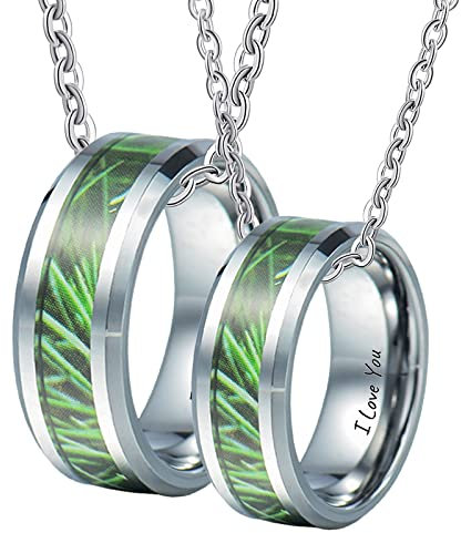 KnSam 2 Stück Paar Kette Ring mit Anhänger Wolfram, Partner Ketten Set mit Gravur I Love You Zweig Muster, Silber für Frauen Männer - 8MM Breite, 60/ 50cm Länge, Damen 54 Herren 62