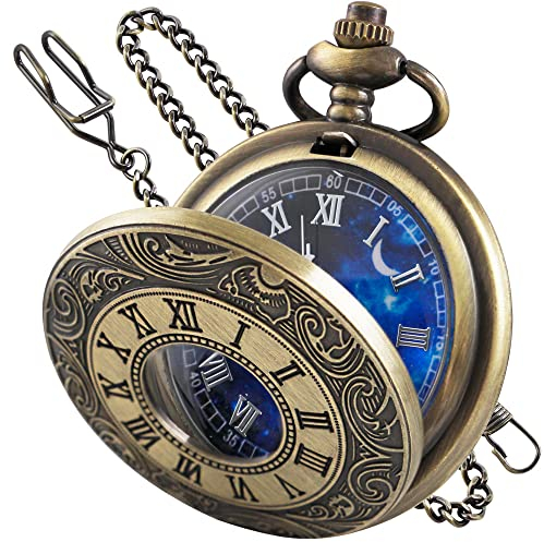 Tiong Taschenuhr, hohl, blauer Stern, römische Ziffern, Taschenquarzuhr mit Kette, Weihnachten, Geburtstag, Geschenke für Männer und Frauen, CF2007-Bronze, Klassisch